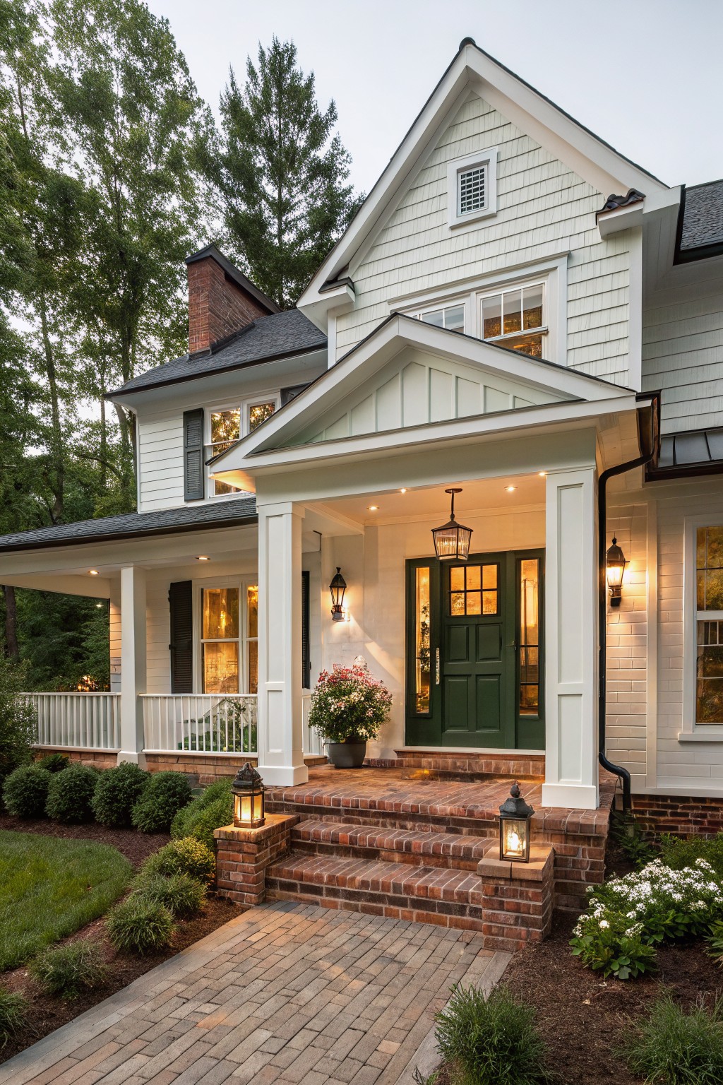 White clapboard house exterior featuring a covered front porch with columns, green double door, brick steps flanked by lanterns, and surrounding shrubs and trees at dusk.