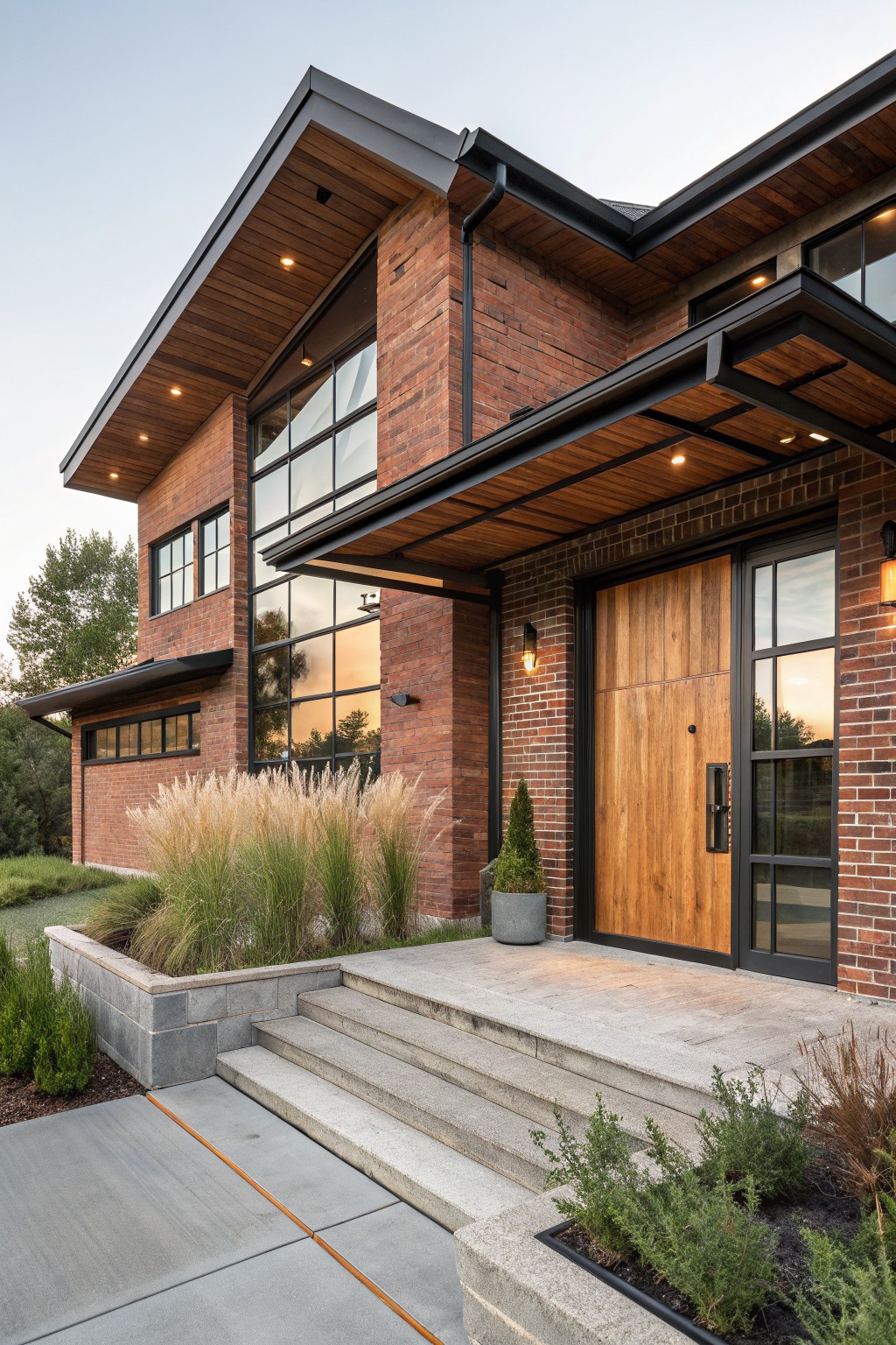Red brick house exterior featuring a large wooden entry door with black metal frame, wood-clad overhanging canopy, large glass windows, and steps leading to the entrance surrounded by low plantings.
