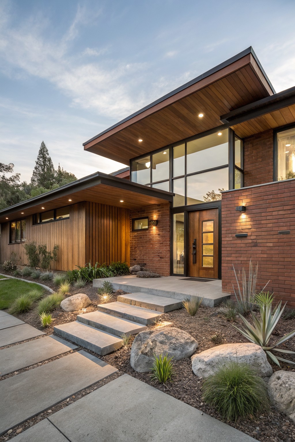 Contemporary ranch-style house exterior with red brick base, vertical wood cladding on side wing, cantilevered wood roof overhang, large glass windows, double wooden entry doors, concrete steps, and front landscaping with rocks, grasses, and agave plants.