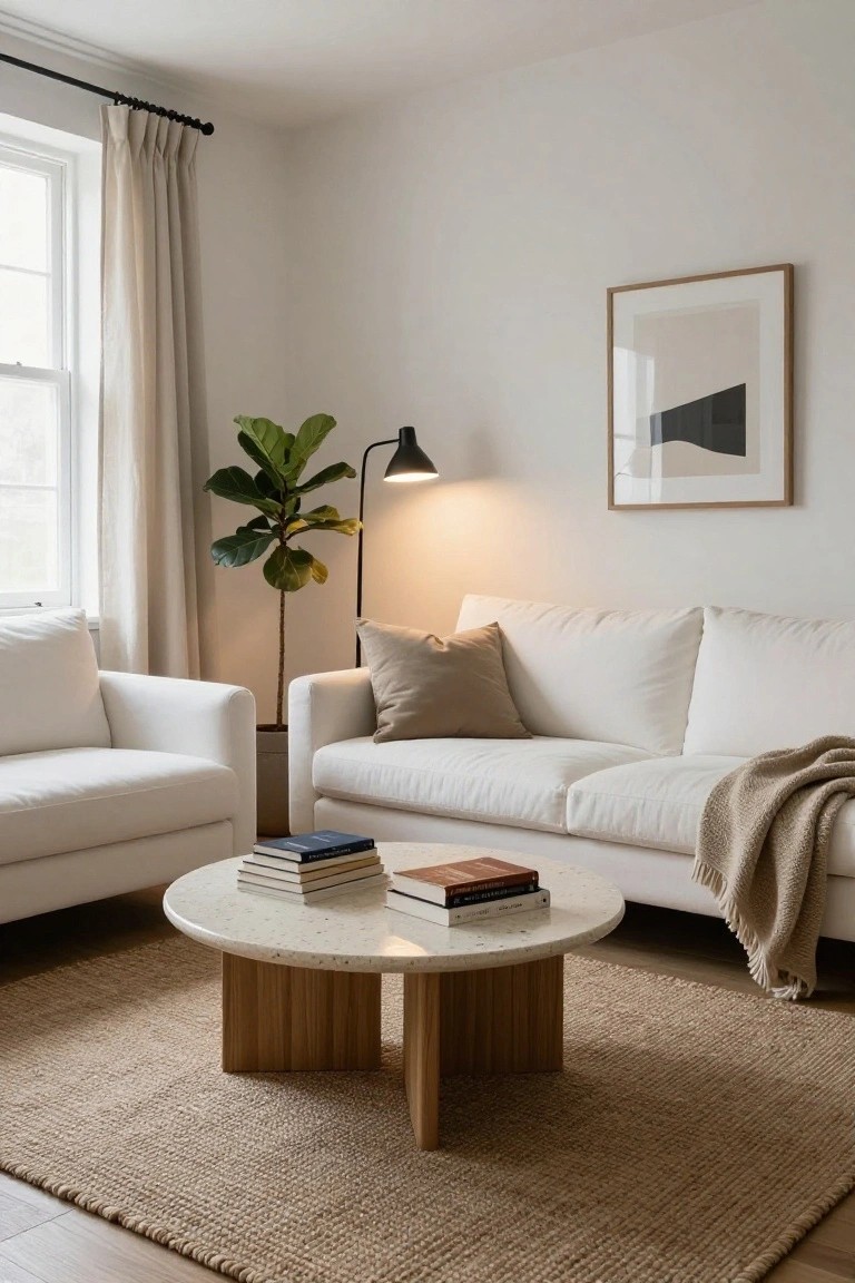 Minimalist living room with two white sofas around a round terrazzo-top coffee table on wooden legs, a tall fiddle leaf fig plant by a window with linen curtains, black arc floor lamp, abstract framed artwork on white wall, neutral pillows and throw, seagrass rug on light wood floor.