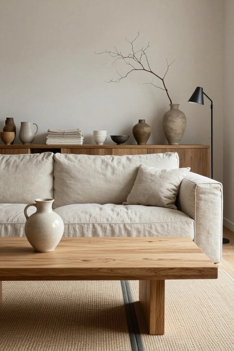 A minimalist living room with a beige linen sofa, low wooden coffee table holding a white ceramic pitcher, wooden sideboard displaying assorted pottery vases and bowls, neutral rug, and floor lamp.