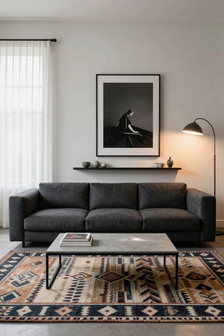 Modern living room featuring a dark gray three-seater sofa, black metal coffee table on a large colorful geometric rug, arc floor lamp, black-and-white framed photograph of a woman at a piano, floating black shelf with ceramic pots, and sheer curtains on a window against light gray walls.