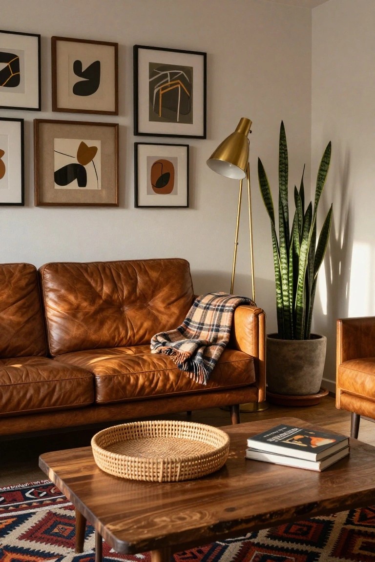 Living room corner with tufted tan leather sofa draped in plaid blanket, matching armchair, wood coffee table topped with woven basket and stacked books, colorful geometric rug, tall snake plant in concrete pot beside gold floor lamp, and wall gallery of abstract black line drawings in assorted frames.