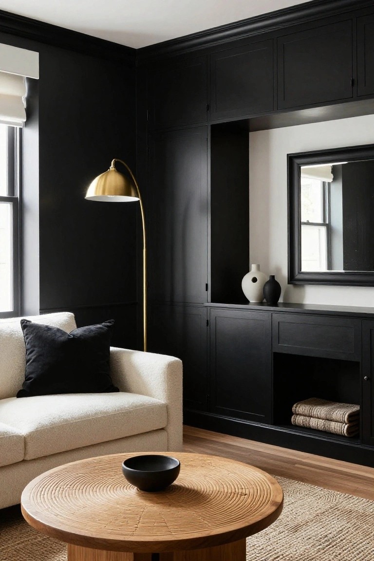 Living room corner with black built-in cabinets along dark walls, cream bouclé sofa with black pillow, round wooden coffee table holding black bowl, gold arc floor lamp, and beige seagrass rug on wood floors.