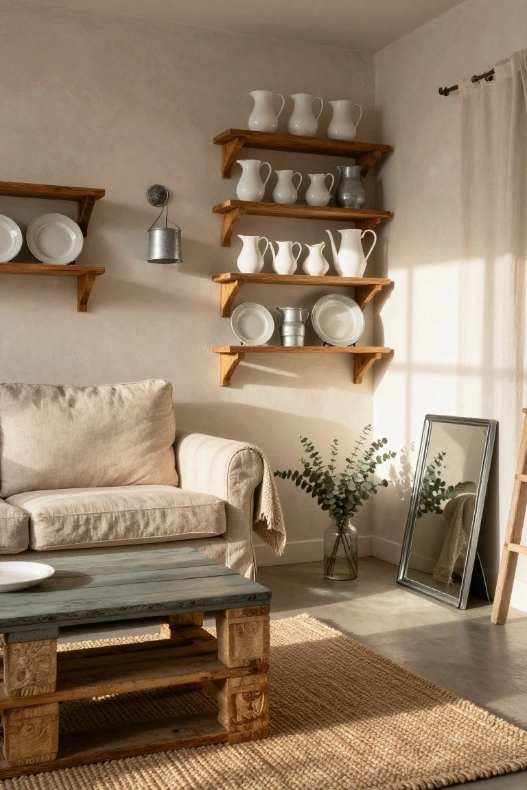 A living room corner with wooden wall shelves displaying white ceramic pitchers, jugs, plates, and a metal bucket, next to a beige linen sofa, pallet coffee table, seagrass rug, and vase of eucalyptus.