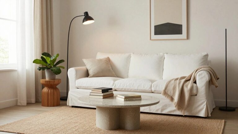 Minimalist living room with two white sofas around a round terrazzo-top coffee table on wooden legs, a tall fiddle leaf fig plant by a window with linen curtains, black arc floor lamp, abstract framed artwork on white wall, neutral pillows and throw, seagrass rug on light wood floor.