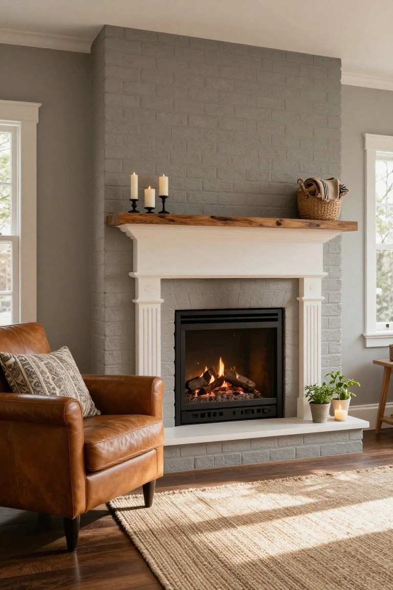 Living room interior with tall gray brick fireplace surround, white fluted columns and mantel shelf holding candles and a basket, lit gas fire, tan leather armchair nearby, potted plants, wood floor, and jute rug.