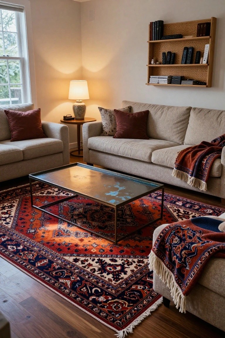 A living room corner with two light beige sofas facing a low metal-framed coffee table on a large red, navy, and cream Persian rug, accented by colorful pillows, throws, a table lamp, and wooden shelves on a beige wall.