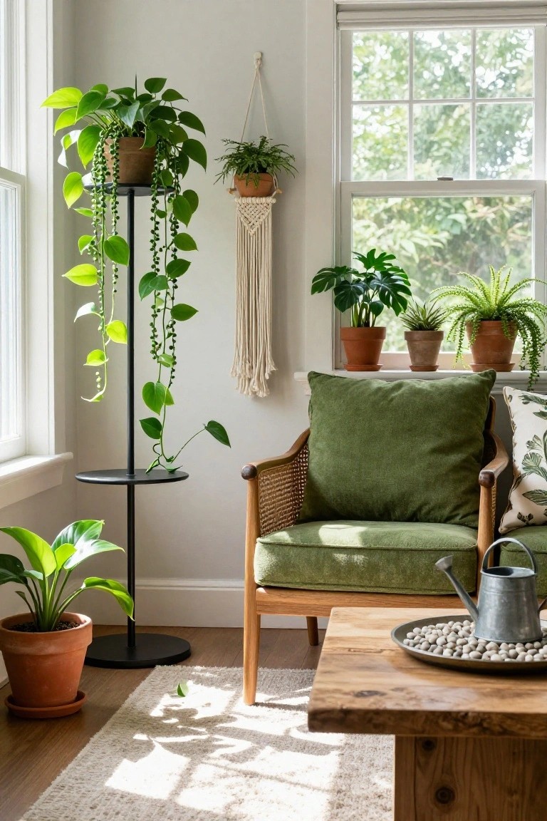Sunlit living room corner with green armchair on wooden legs, black metal plant stand holding trailing green pothos, various potted plants including monstera and ferns on windowsill and floor, wooden side table with metal watering can and white pebbles.