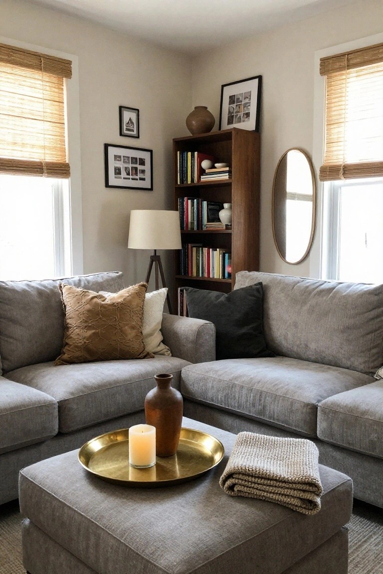 Corner of a living room featuring a gray L-shaped sectional sofa with assorted pillows, wooden bookshelf filled with books and decor, bamboo window blinds, floor lamp, round mirror, and ottoman holding a brass tray with candle and vase.