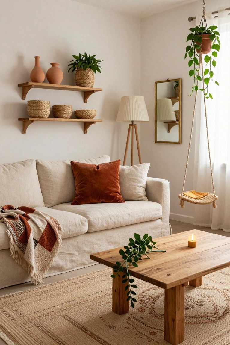 A cozy living room with cream linen sofa accented by rust pillows and throw, wooden coffee table with candle and greenery, floating wood shelves holding terracotta pottery and woven baskets, hanging plant swing, tripod lamp, and neutral rug.