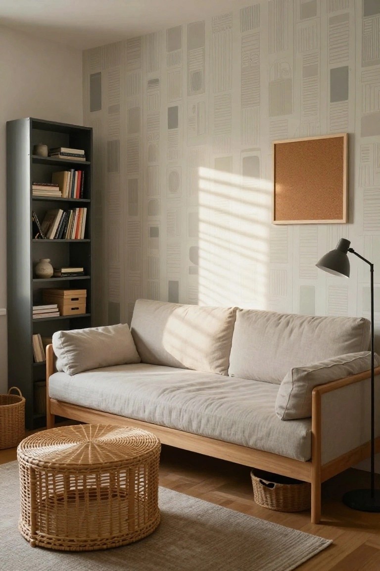 A cozy indoor living room corner with a tall gray metal bookshelf holding books and boxes, a low wooden framed sofa with beige linen cushions, a large round wicker pouf ottoman, wicker baskets, a black arc lamp, and corkboard on geometric gray wallpaper with natural light streaming in.