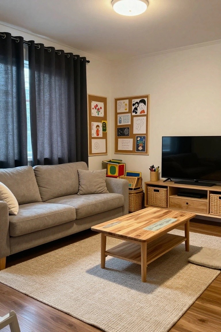 A living room with a gray three-seater sofa, low wooden coffee table with resin inlay and shelf, wooden TV stand with rattan baskets, beige rug, black-out curtains, and children's toys and artwork on the walls.