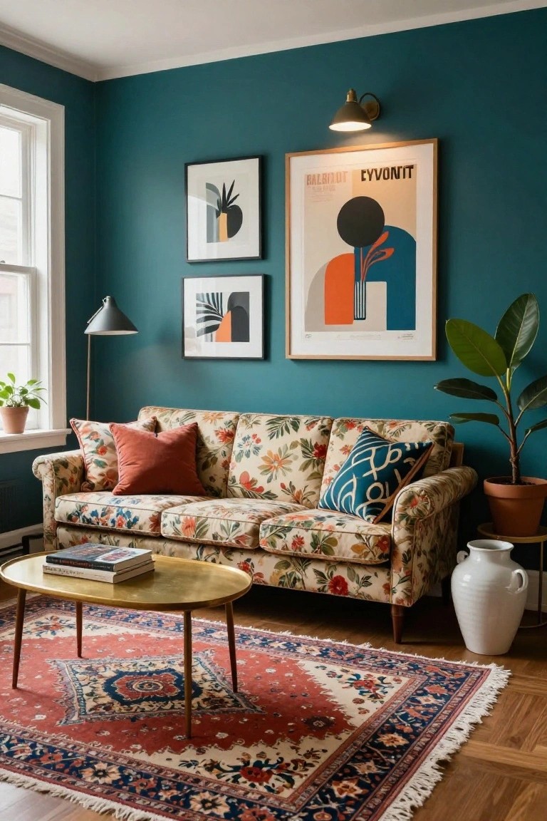 Living room with teal walls, floral-upholstered sofa with assorted pillows, brass oval coffee table on red and blue Persian rug, potted plants, floor lamp, wall sconce, abstract framed art, and white vase.