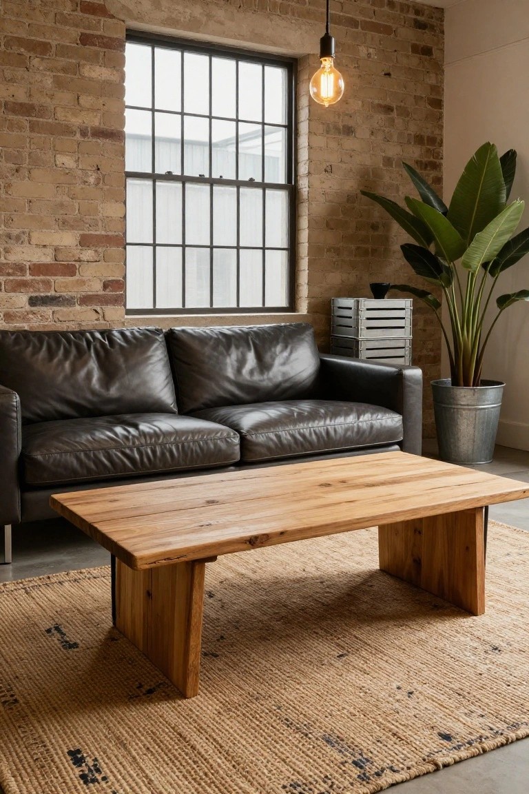 Living room interior with exposed brick walls, large metal-framed window, black leather sectional sofa, rectangular live-edge wooden coffee table on seagrass rug, tall potted plant in metal bucket, and hanging exposed-bulb pendant light.