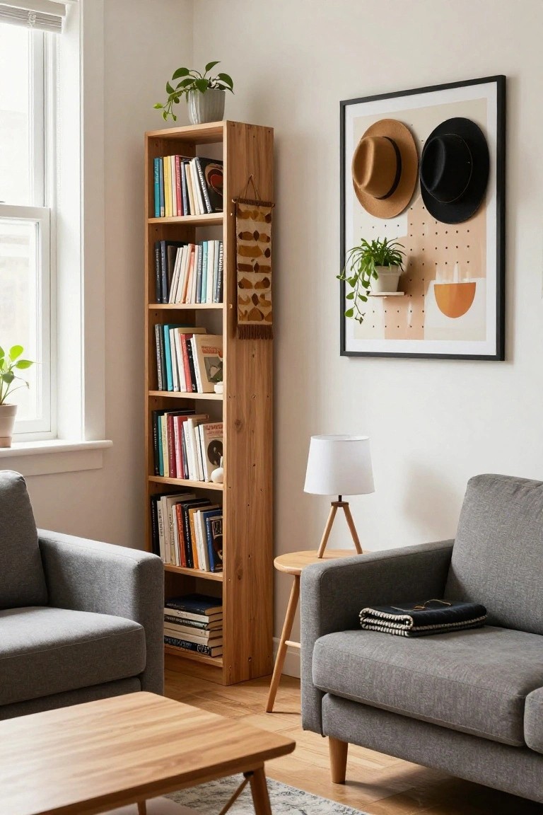 A living room corner with a tall wooden bookcase filled with colorful books, two gray fabric sofas, a wooden coffee table, potted plants, a tripod lamp, and a wall frame displaying two hats.