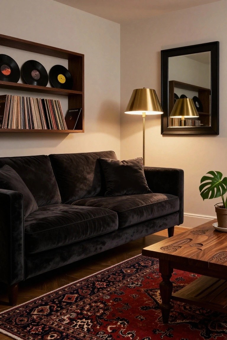 A living room corner with a dark velvet two-seater sofa, two brass floor lamps, wooden wall shelves holding vinyl records, a low carved wooden coffee table on a red Persian rug, and a potted monstera plant.