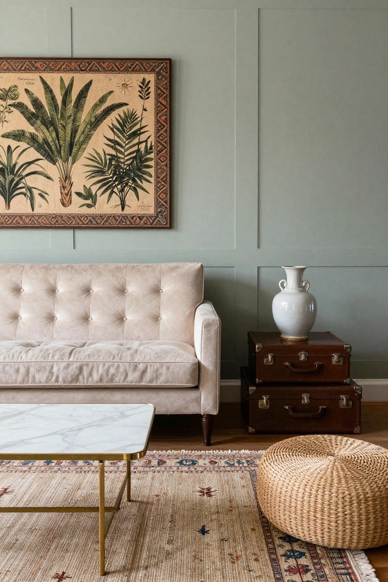 Living room with cream tufted sofa, two stacked brown leather suitcases with white vase on top as side table, marble coffee table, woven pouf on Persian rug, and large framed botanical artwork on pale green paneled walls.