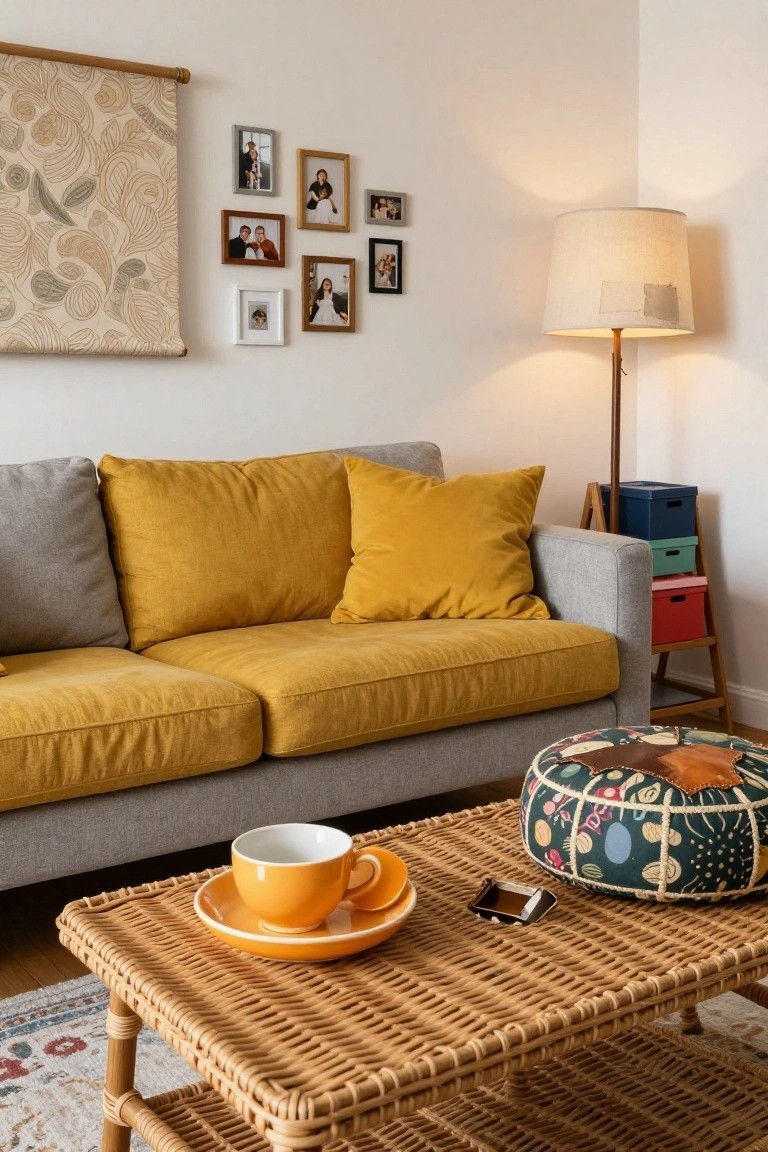 Living room corner showing a gray sofa with mustard yellow seat cushions and pillows, a rattan coffee table with orange teacup saucer, colorful pouf, gallery wall of framed family photos, beige lamp, and colorful storage boxes on a wooden rack.