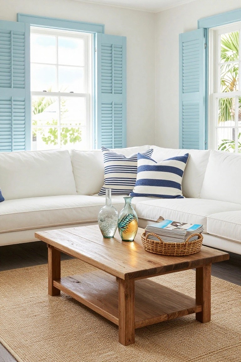 White L-shaped sofa with navy and white striped pillows in a bright corner living room, rustic wooden coffee table with blue glass bottles and wicker basket of magazines, seagrass rug, and light blue shutters on two windows showing tropical plants outside.