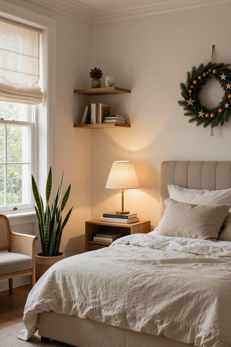 Cozy bedroom corner with beige tufted bed draped in white linens, wooden nightstand holding lamp and stacked books, tall snake plant in terracotta pot on rattan chair, floating wooden shelf with books and pinecone, pine Christmas wreath with beads and stars on white wall, and window with linen shade.