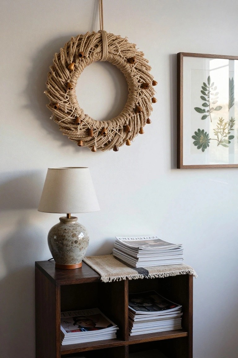 A beige rope macrame wreath decorated with wooden acorn shapes hangs on a white wall next to a framed green leaf print, above a brown wooden shelf unit with a ceramic lamp, beige rug, and stacks of magazines.