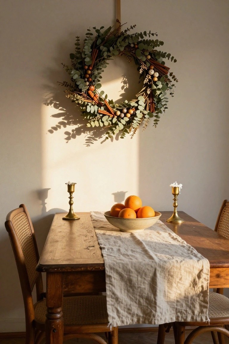 A wreath of eucalyptus leaves, cinnamon sticks, and beads hangs on a white wall above a rustic wooden dining table with rattan chairs, a white linen runner, a bowl of oranges, and brass candlesticks.