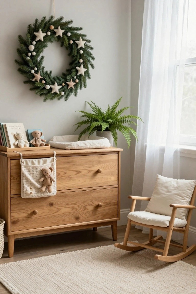 Nursery corner featuring a wooden dresser with changing pad, stuffed teddy bears, books, a potted fern, rocking chair with cushion, woven basket, sheer window curtains, and a green Christmas wreath decorated with white star shapes and beads hanging on the wall.