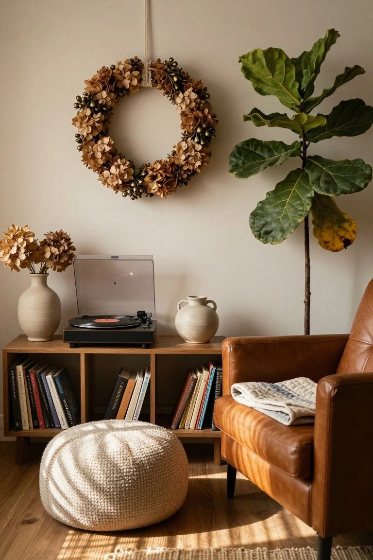 Cozy interior corner with a hanging wreath of dried hydrangeas and berries on a beige wall, wooden shelves holding books and a black record player with open lid, two cream ceramic vases with dried flowers, tall fiddle leaf fig plant, tan leather armchair with gray-blue throw, white knit pouf, and wooden floor in warm sunlight.