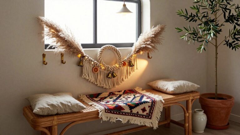 A large pampas grass wreath with dried oranges, fairy lights, and pine sprigs hangs on hooks in a beige entryway wall, with a long white macrame tassel and gold bells dangling from the bottom; a rattan bench with beige cushions sits below, next to a ceramic vase and near a window with an olive tree.