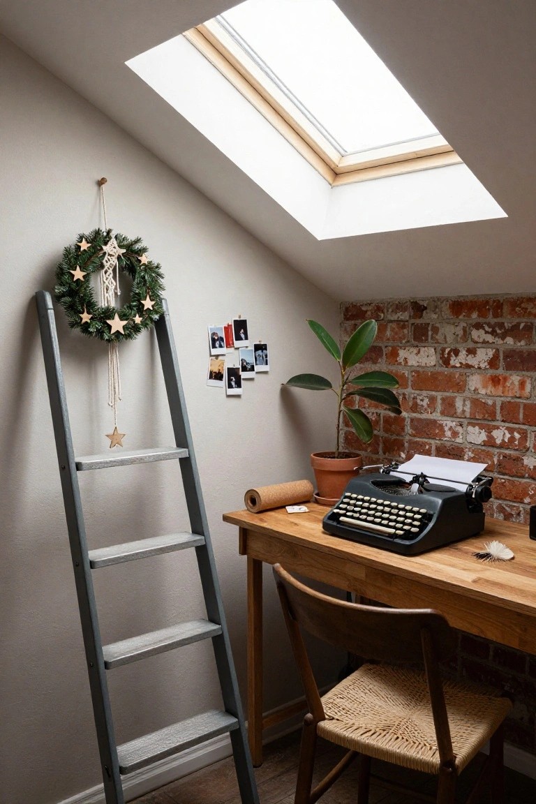Gray ladder shelf leaning against a white wall holding a macrame Christmas wreath with green boughs and wooden stars, next to a wooden desk with black typewriter, potted plant, and exposed brick wall in a room with skylight.