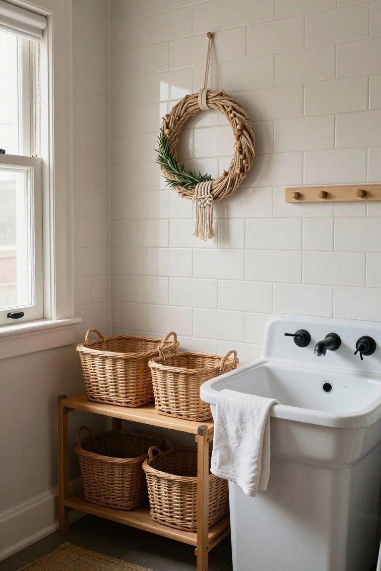 White subway-tiled laundry room corner featuring a seagrass macrame wreath with greenery hanging on the wall above a white porcelain sink with black faucet, wooden shelf holding stacked wicker baskets, and a window with roller shade.