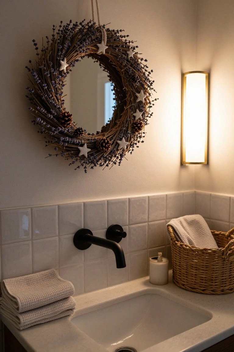 Round mirror in bathroom corner encircled by wreath of dried lavender, wheat stalks, pinecones, and white star ornaments, above white sink with black faucet, folded white towels on counter, soap dispenser, wicker basket with towels, and lit wall sconce on beige wall with white tiles.