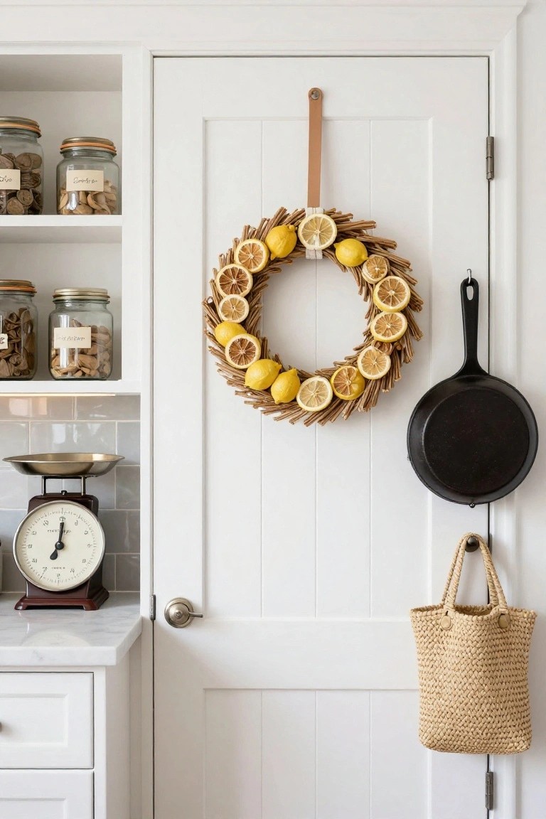 White interior door with a circular wreath of dried lemon slices and cinnamon sticks hanging from a leather strap, adjacent to open kitchen cabinets holding glass jars of spices, a vintage scale on marble counter, black cast iron skillet hanging on wall, and beige straw tote bag on hook.