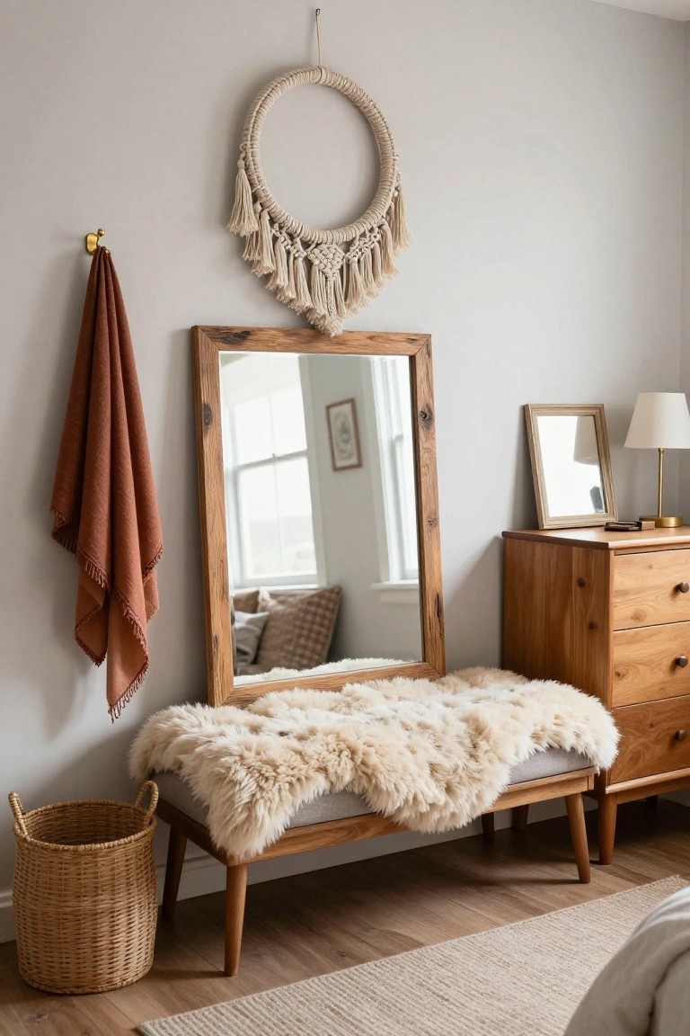 Wooden-framed mirror above a sheepskin-covered bench beside a dresser.