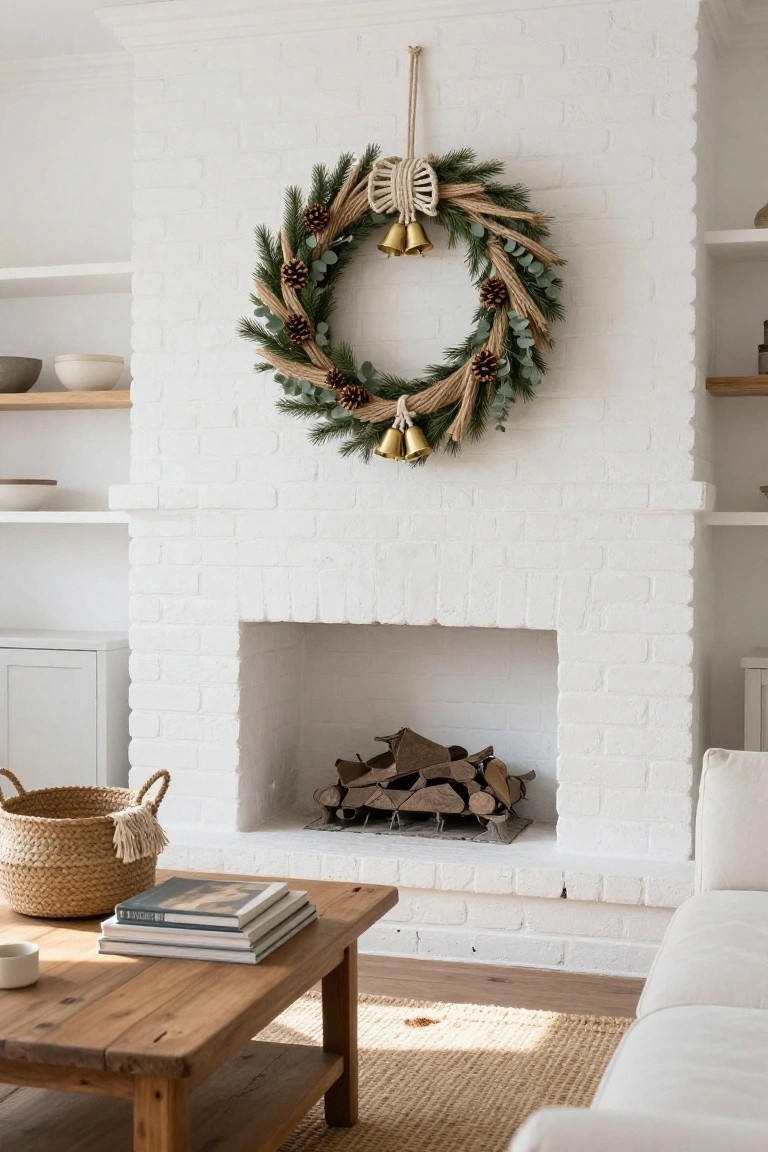 A macrame Christmas wreath with rope, pine branches, eucalyptus, pinecones, and gold bells hangs above a white brick fireplace flanked by built-in shelves in a living room with a wooden coffee table, woven basket, books, and white sofa.