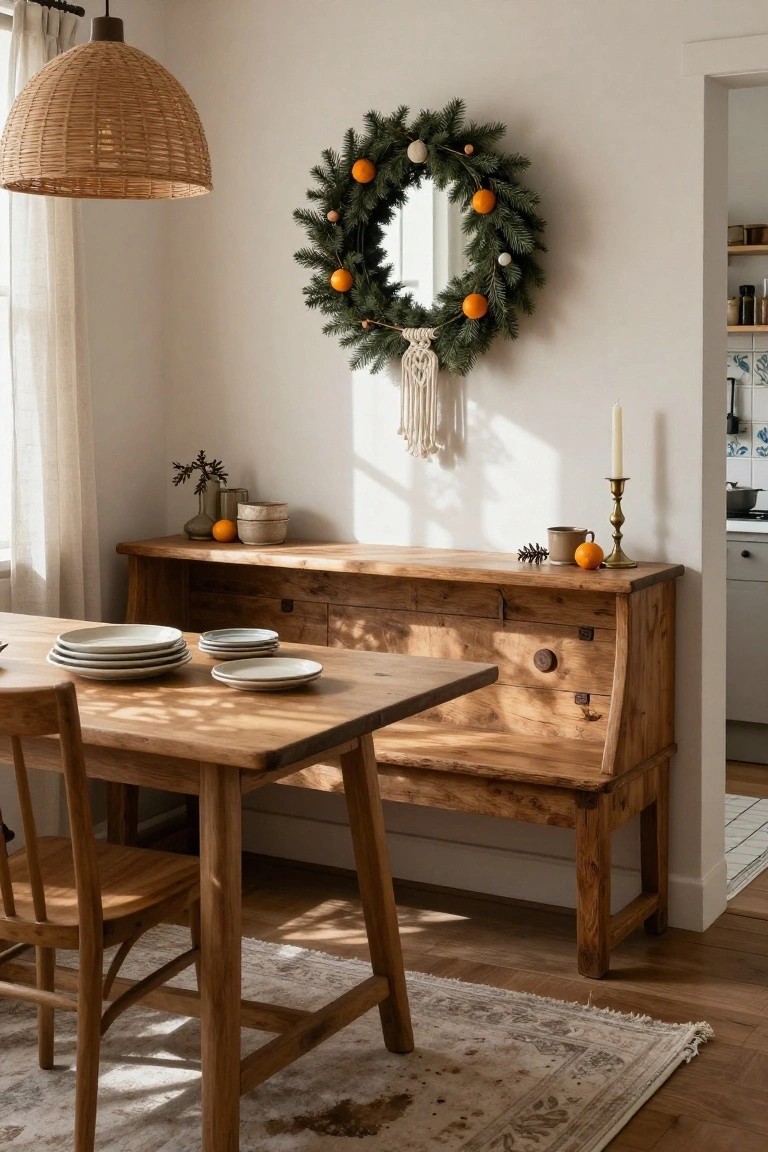 Macrame-hung evergreen Christmas wreath with oranges, white beads, and a round mirror on a white interior wall above a wooden sideboard, dining table with stacked plates, wooden chair, and candle in a sunlit room.