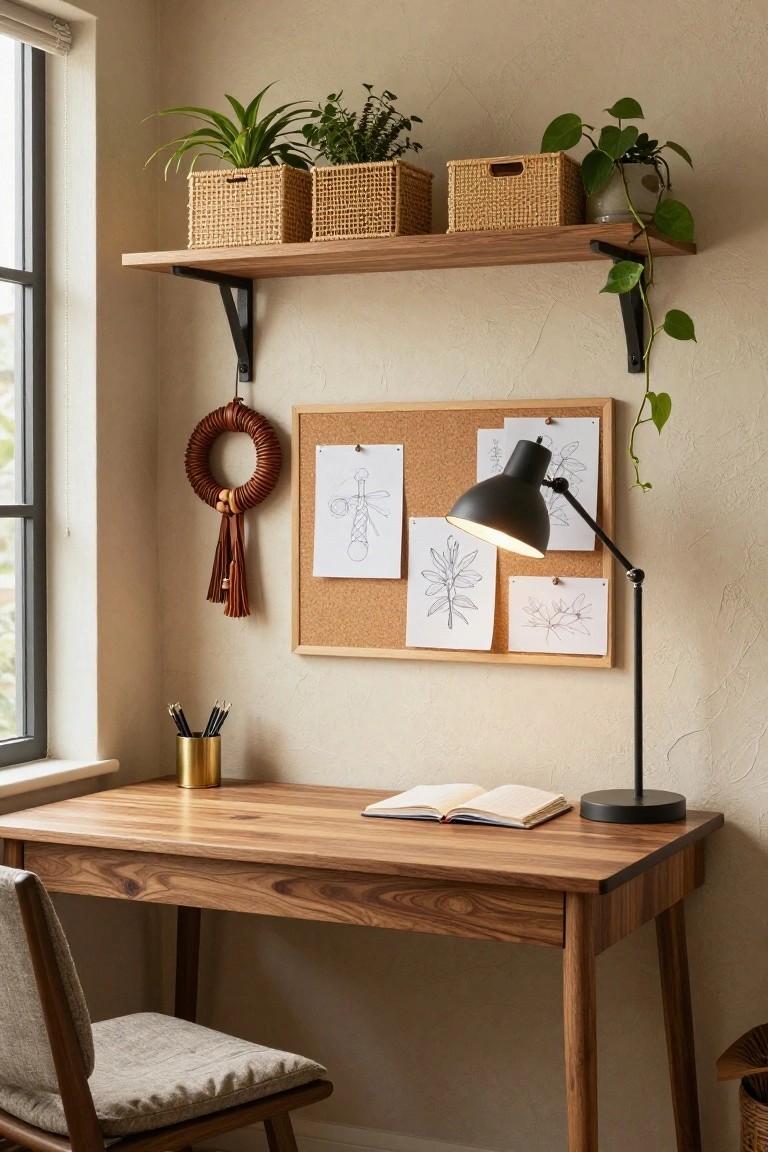 Home office nook featuring a wooden desk with an open book, brass cup holding pencils, adjustable black desk lamp, corkboard with pencil sketches pinned up, floating wooden shelves holding potted plants in woven baskets, and a circular woven leather wreath with beads and fringes hanging on the wall nearby.