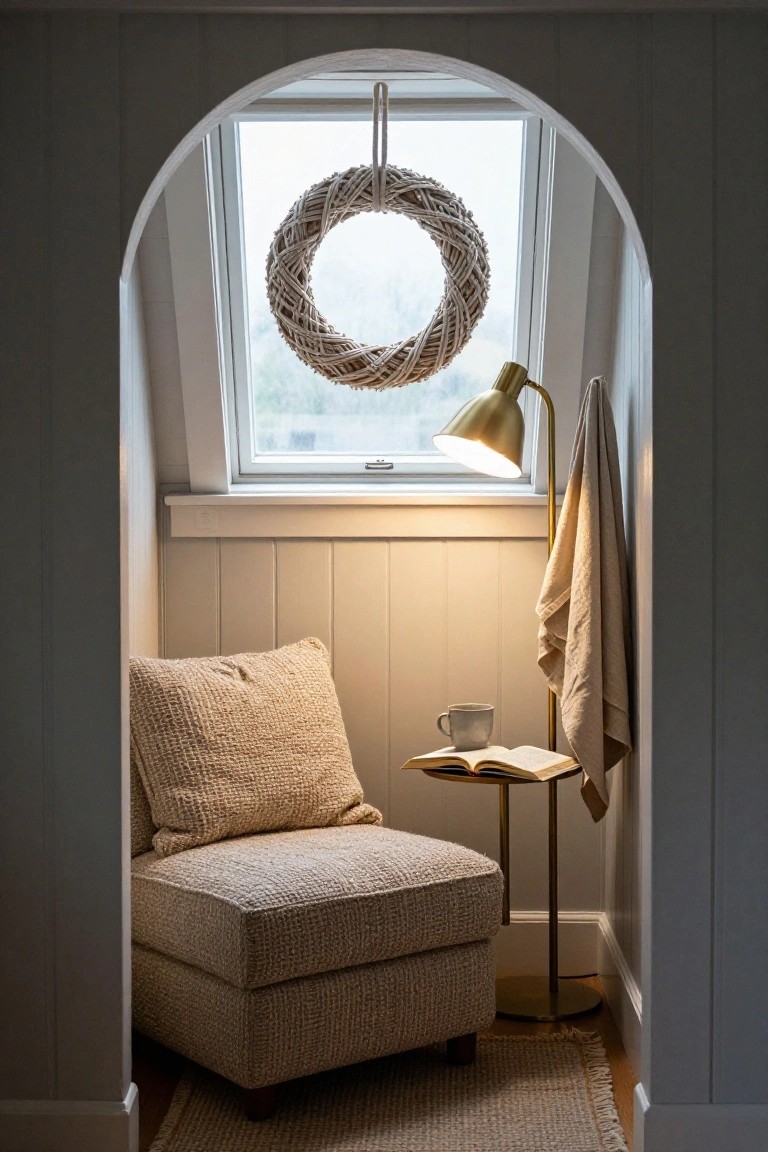 Arched interior alcove with beige wood-paneled walls, a cream macrame wreath hanging in front of a skylight window, textured beige armchair, small side table with open book and mug, gold arc floor lamp, draped linen towel, and seagrass rug.