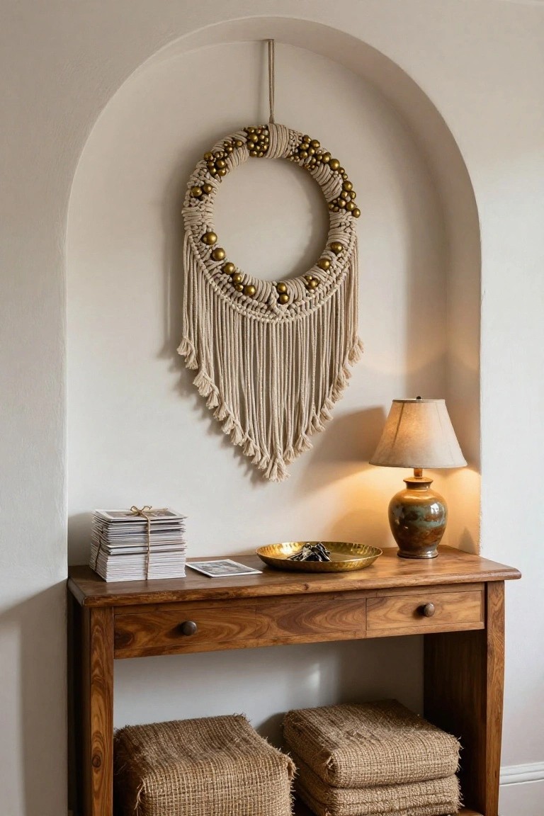 A cream-colored macrame wreath adorned with gold beads hangs from a rope in a white arched wall niche above a wooden console table holding a lamp, gold dish with keys, stacked photos, and jute cushions on the floor.