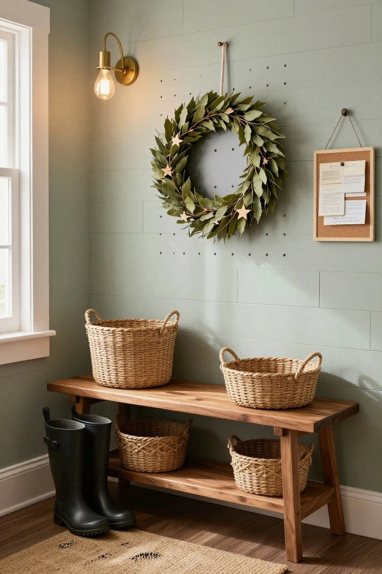Sage green shiplap wall corner in an entryway with rope-hung laurel wreath featuring star ornaments, gold sconce, cork bulletin board, wooden bench holding wicker baskets and black rain boots, and jute rug on wood floor.