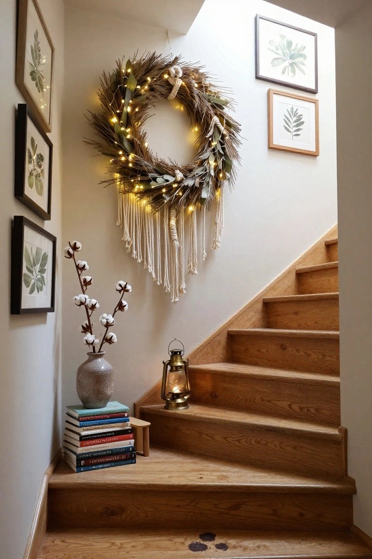 Wooden staircase with a lit wreath, cotton stems, and framed wall art.