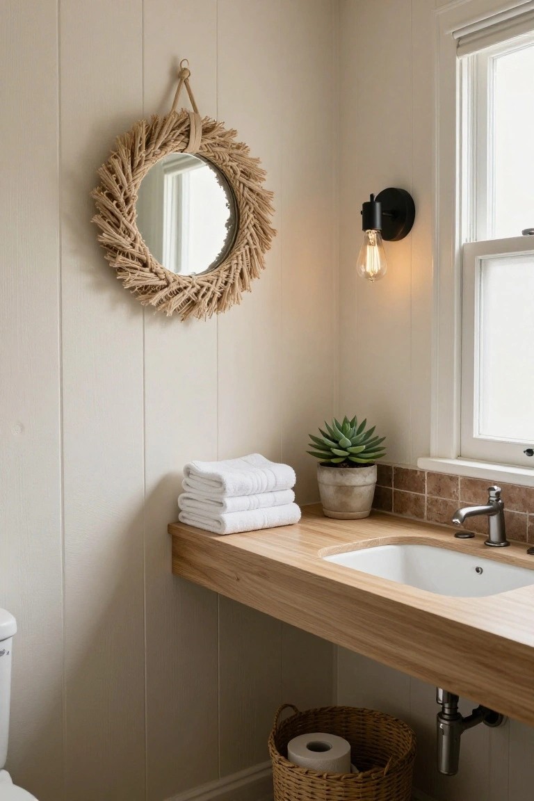 Bathroom corner with light beige vertical plank walls, round mirror framed by beige straw wreath hung with rope, floating wood vanity with white undermount sink and brass faucet, stacked white towels, potted succulent, black sconce with lit bulb, window, toilet, and wicker toilet paper basket under sink.