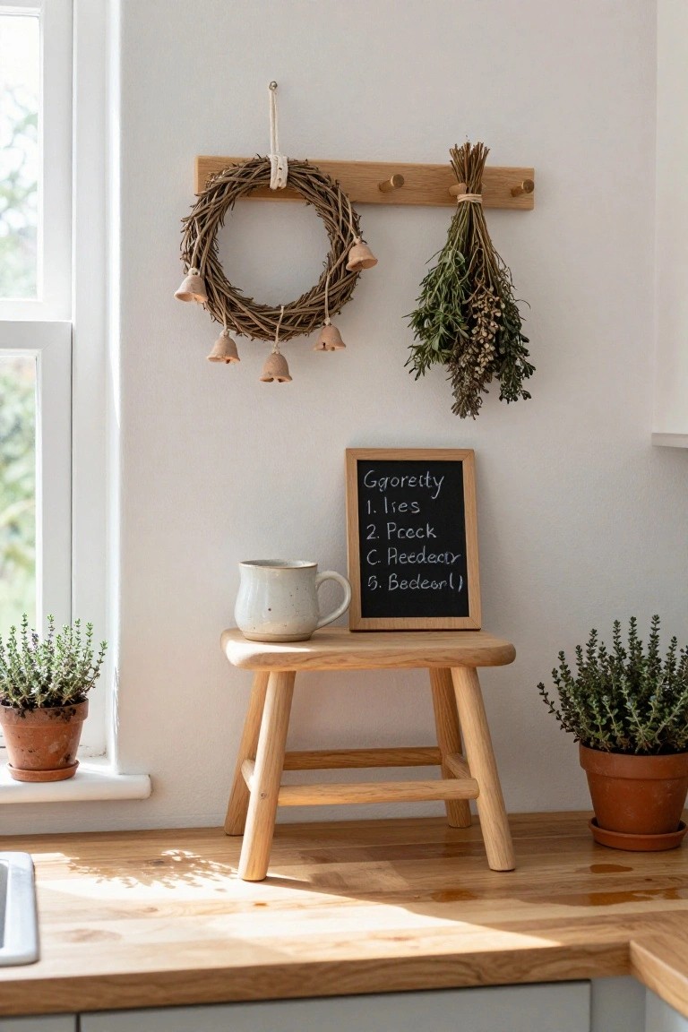 Rustic twig wreath with four small bells hanging from a wooden hook board above a framed chalkboard listing groceries, with a wooden stool holding a white mug between two potted thyme plants, dried herbs on hooks, and a kitchen counter below a window.