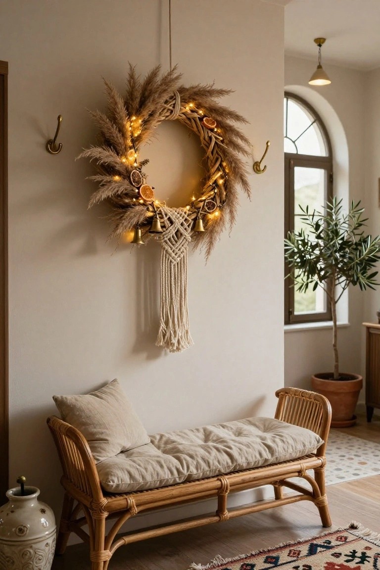 A large pampas grass wreath with dried oranges, fairy lights, and pine sprigs hangs on hooks in a beige entryway wall, with a long white macrame tassel and gold bells dangling from the bottom; a rattan bench with beige cushions sits below, next to a ceramic vase and near a window with an olive tree.