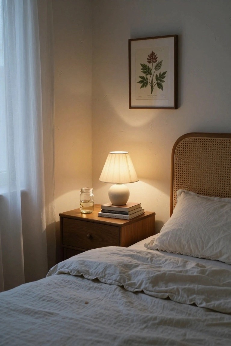 Bedroom corner showing a wooden nightstand with a lit white ceramic lamp, stack of books, mason jar containing yellowish liquid, beside a bed with rattan headboard and white linens, sheer window curtain, and framed botanical print on beige wall.