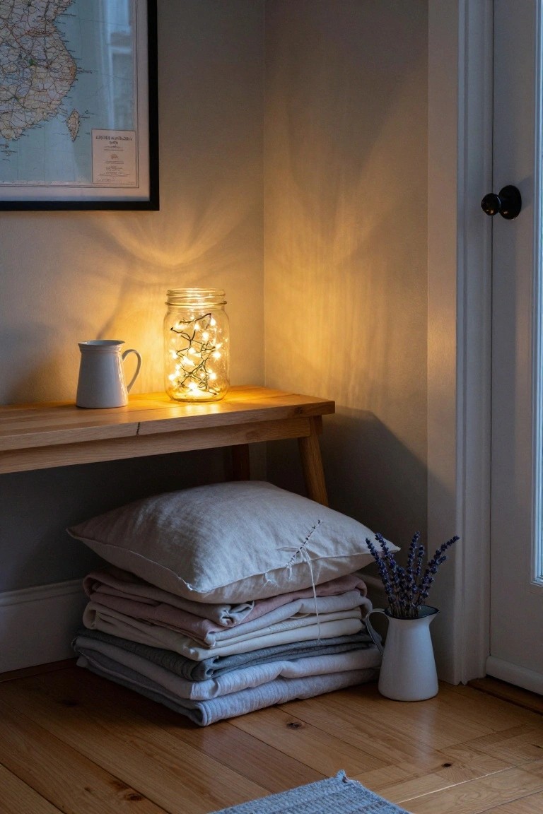 Wooden bench in a light gray corner holds a glowing mason jar of fairy lights next to a white pitcher, with stacked folded linens and pillows below, a vase of lavender nearby, and a framed map on the wall above.