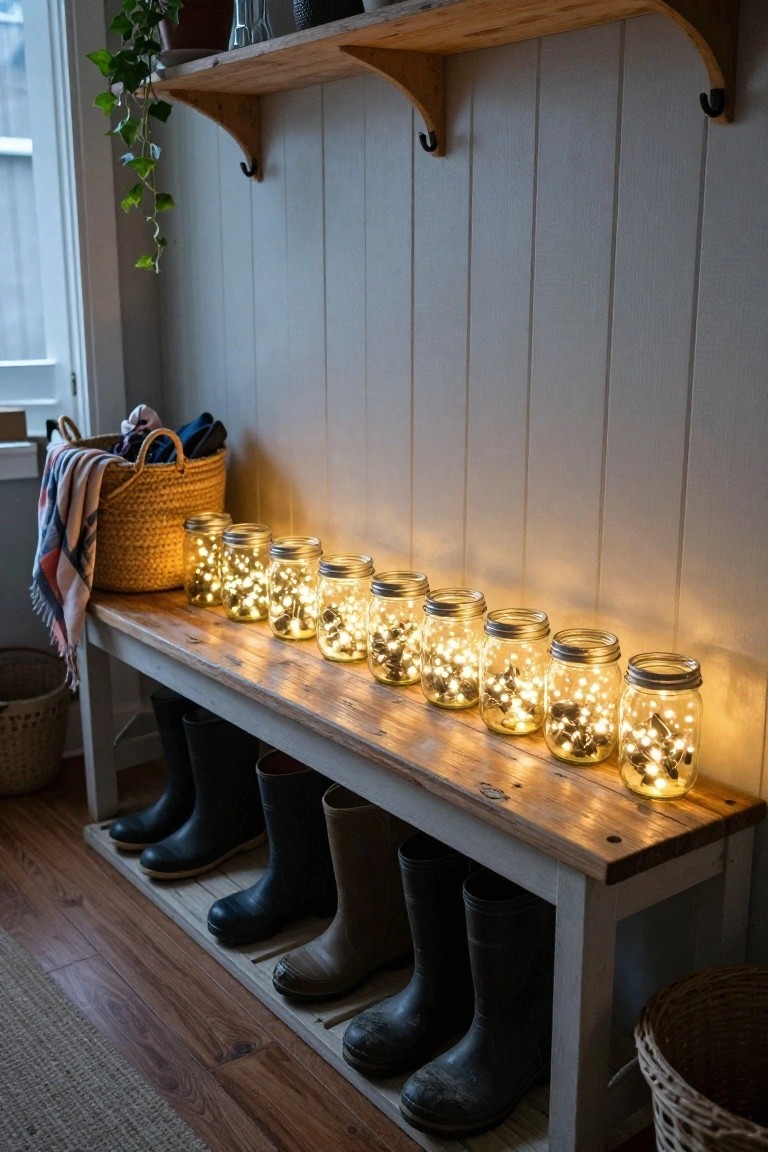 Wooden entry bench holding a row of mason jars filled with fairy lights, next to pairs of rubber boots and woven baskets against white shiplap walls.