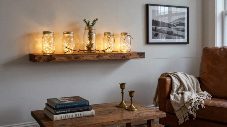 20 Mason Jar Christmas Light Ideas That Feel Warm and Homemade Living room mantel with five mason jars filled with fairy lights and rosemary sprigs on a wooden shelf, flanked by brass candlesticks, and a coffee table below holding books, a cloth, and similar jars.