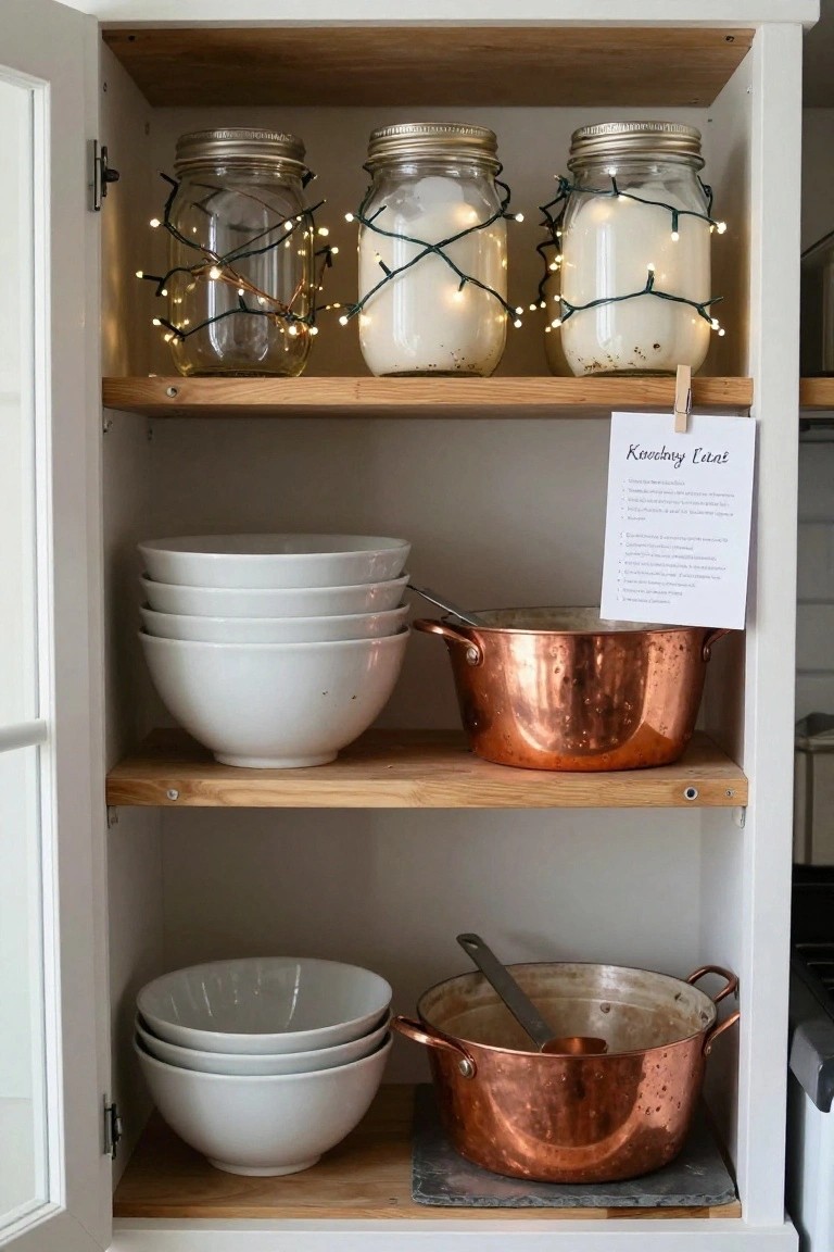 Open white kitchen cabinet with wooden shelves holding mason jars wrapped in fairy lights on top, stacked white bowls and copper pots below, and a pinned paper recipe card labeled